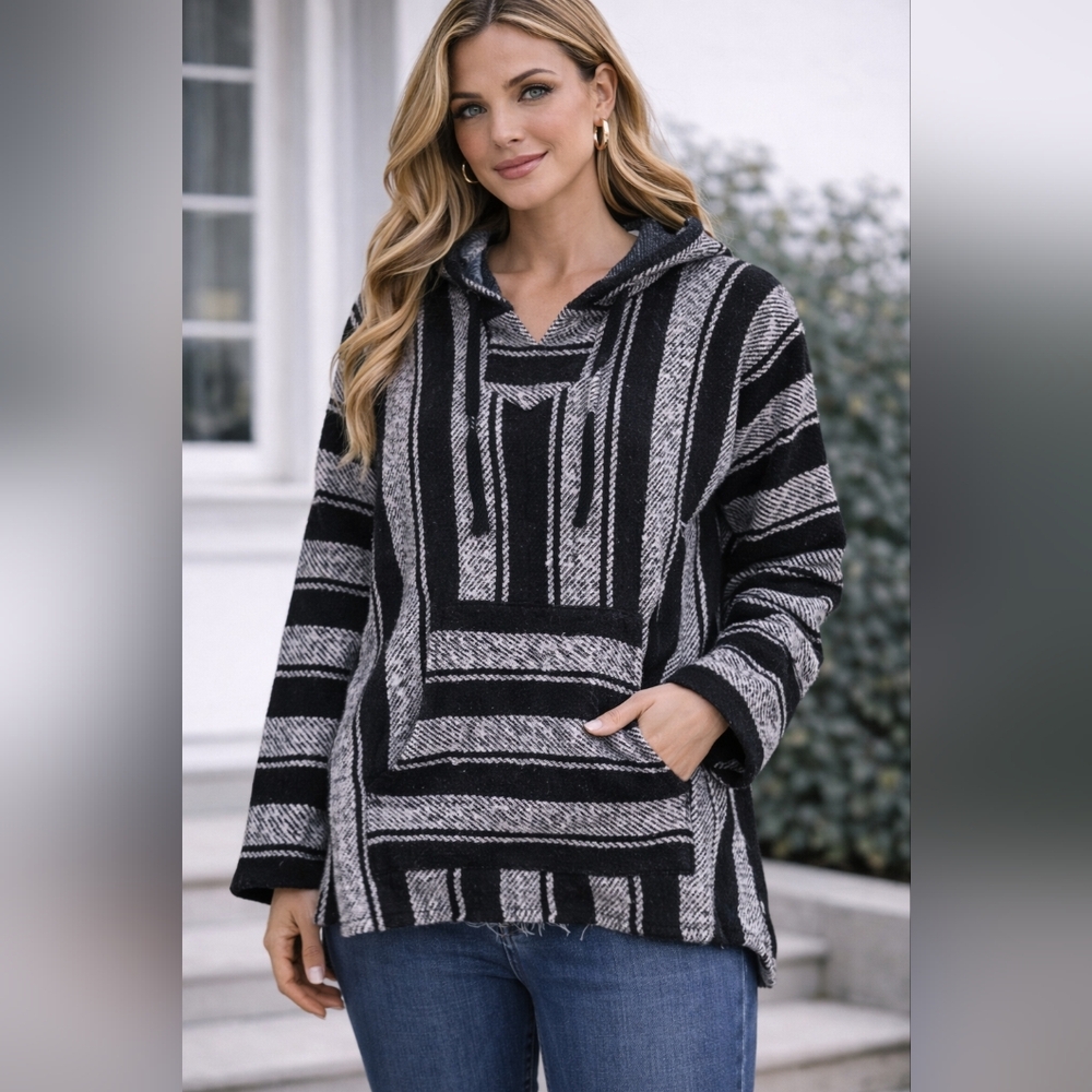 Artisana Mexican Baja Hoodie Black Gray Striped Pullover Size L